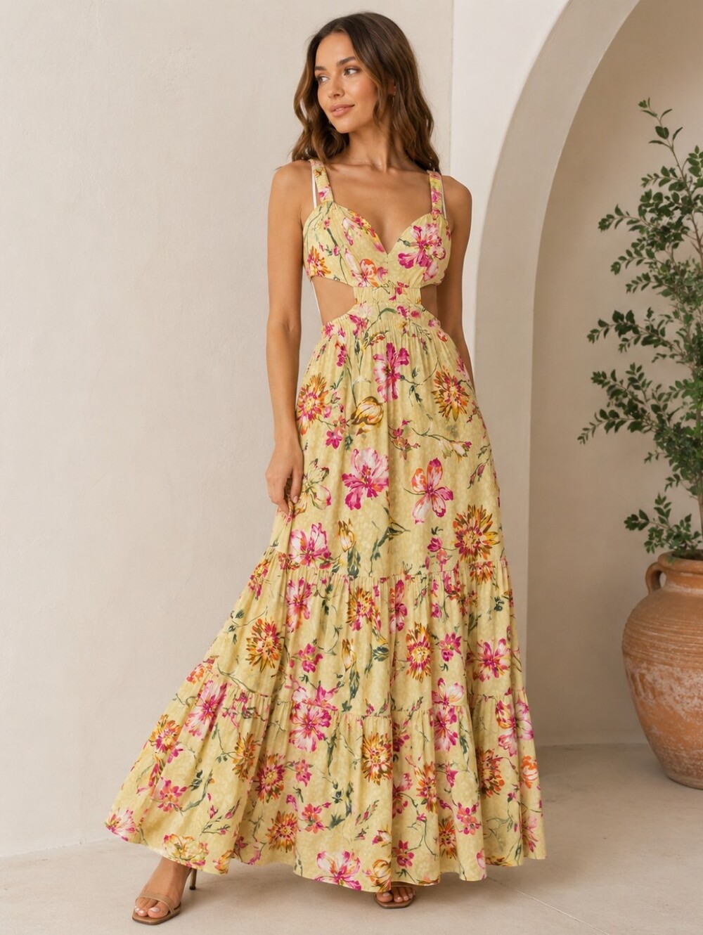 Lulu's Sewwt Statemwnt Chartreuse Floral Printed Fitted Side Cutout Maxi Dress